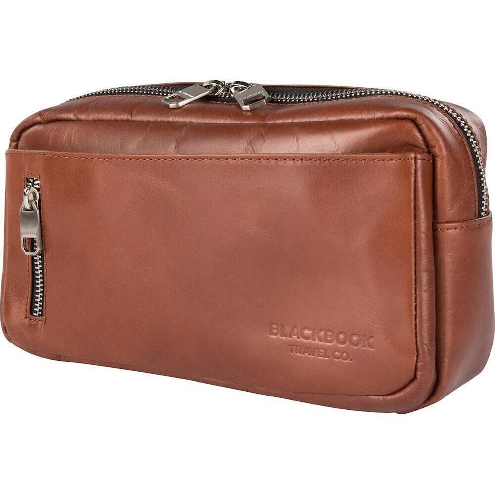 Blackbook Banner Toiletry Bag Cognac Brown Leather Zippered Pocket Travel Bags